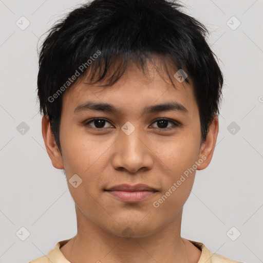 Neutral asian young-adult male with short  black hair and brown eyes