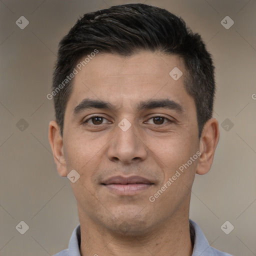 Joyful white young-adult male with short  brown hair and brown eyes