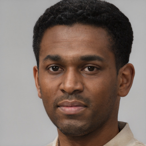 Neutral black young-adult male with short  black hair and brown eyes