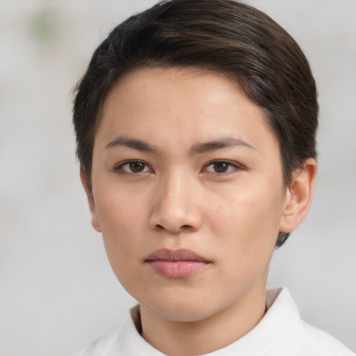 Neutral asian young-adult female with short  brown hair and brown eyes