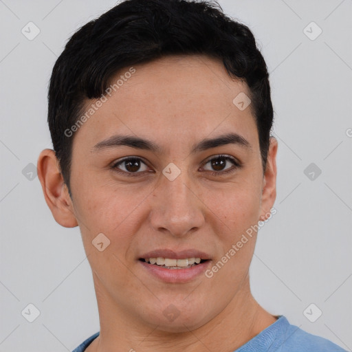 Joyful white young-adult female with short  brown hair and brown eyes