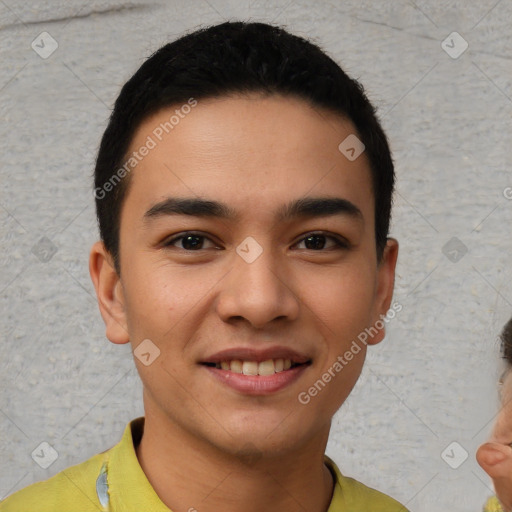 Joyful latino young-adult male with short  brown hair and brown eyes