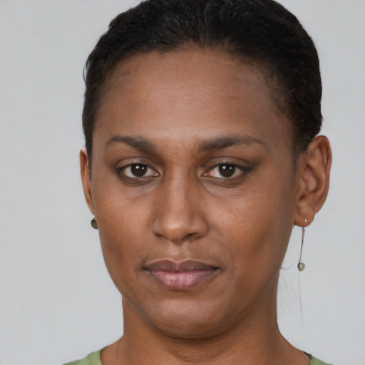 Neutral black young-adult female with short  brown hair and brown eyes