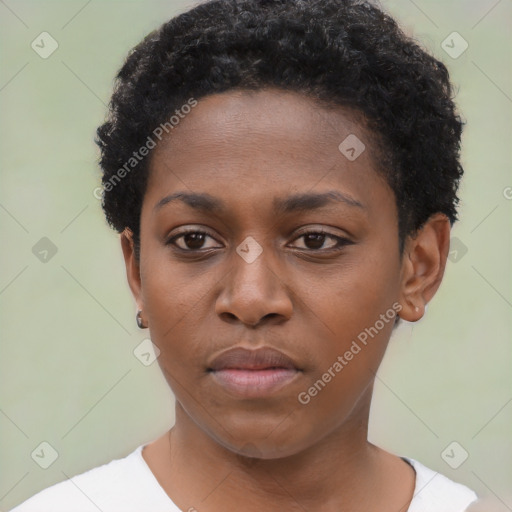 Neutral black young-adult female with short  black hair and brown eyes