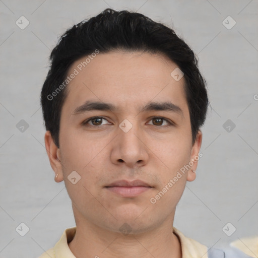 Neutral asian young-adult male with short  black hair and brown eyes