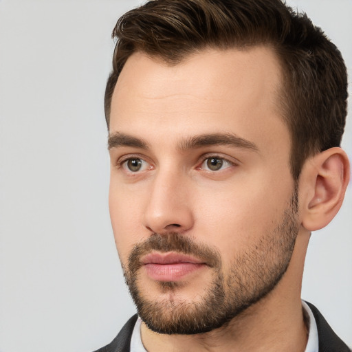 Neutral white young-adult male with short  brown hair and brown eyes