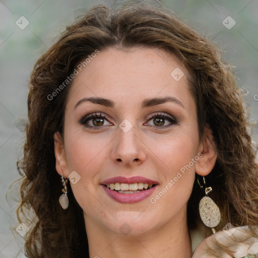 Joyful white young-adult female with medium  brown hair and green eyes