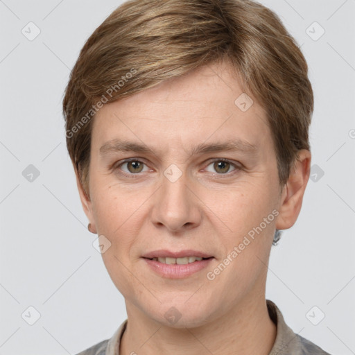 Joyful white adult male with short  brown hair and grey eyes