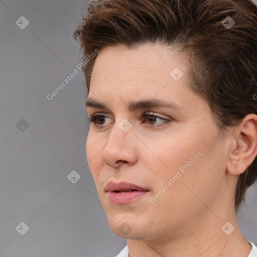 Neutral white young-adult female with short  brown hair and brown eyes