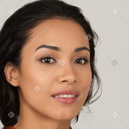 Joyful latino young-adult female with medium  brown hair and brown eyes