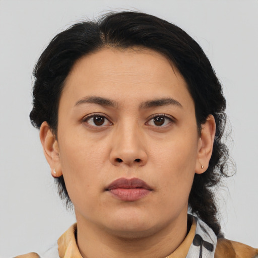 Neutral asian young-adult female with medium  brown hair and brown eyes