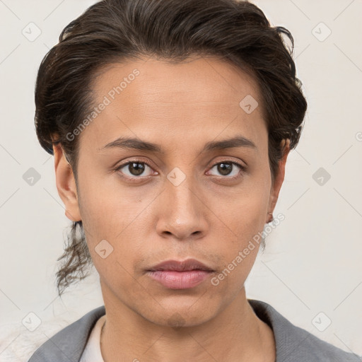 Neutral white young-adult female with short  brown hair and brown eyes