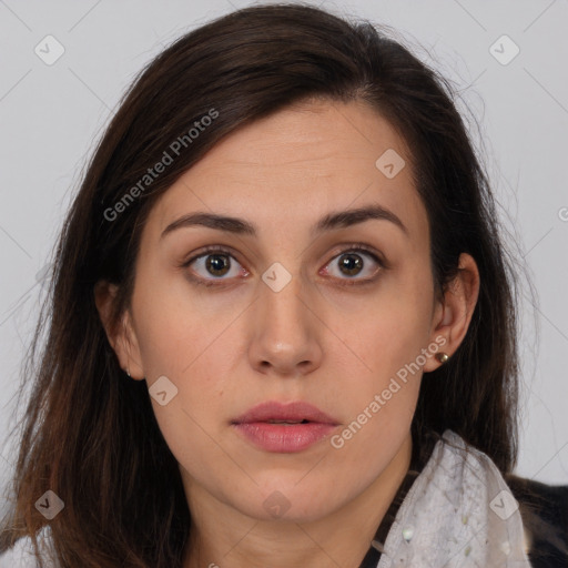 Joyful white young-adult female with long  brown hair and brown eyes