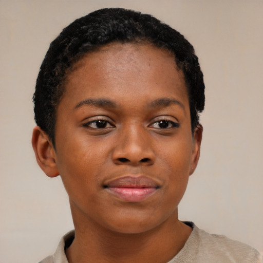 Neutral black young-adult female with short  black hair and brown eyes