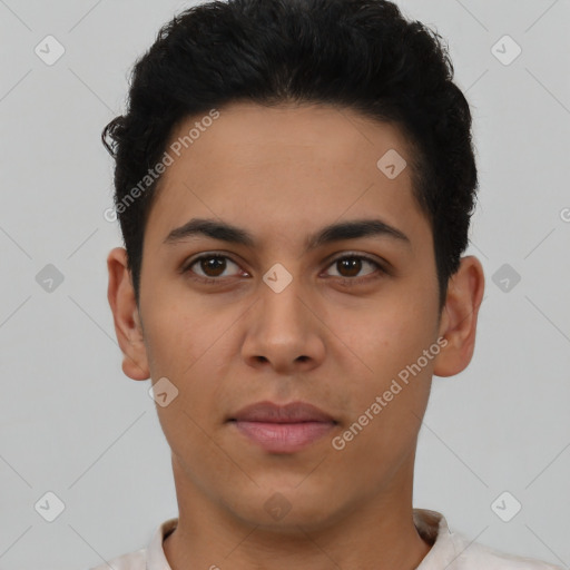 Neutral latino young-adult male with short  black hair and brown eyes