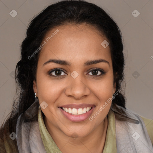 Joyful latino young-adult female with long  brown hair and brown eyes