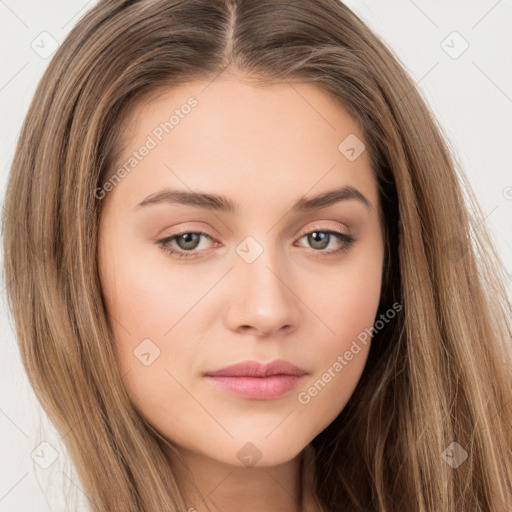 Neutral white young-adult female with long  brown hair and brown eyes