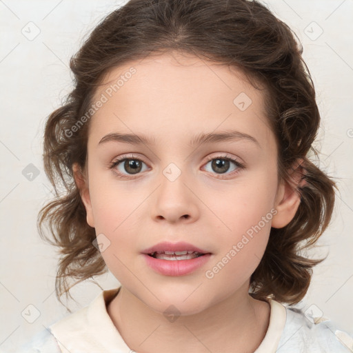 Joyful white child female with medium  brown hair and brown eyes