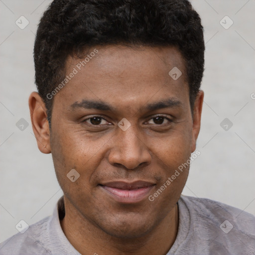 Joyful latino young-adult male with short  brown hair and brown eyes