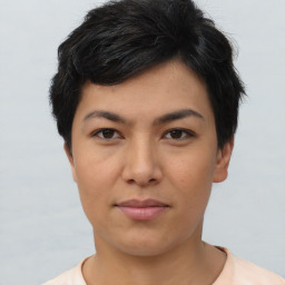 Neutral asian young-adult female with short  black hair and brown eyes