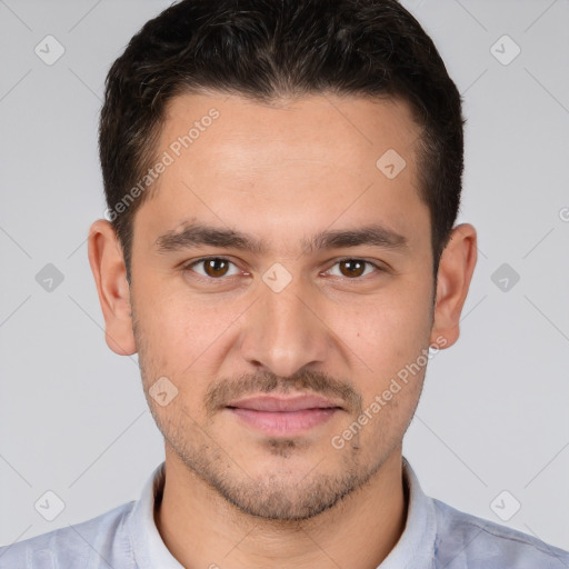 Joyful white young-adult male with short  brown hair and brown eyes