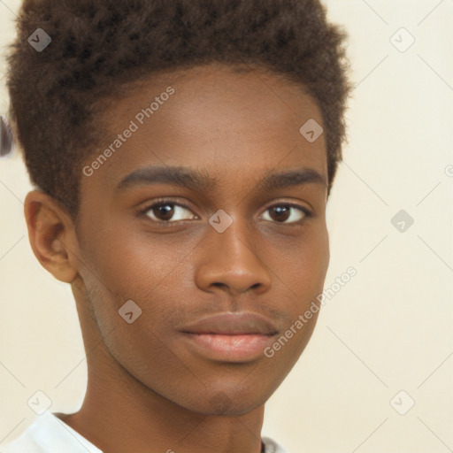 Joyful black young-adult male with short  brown hair and brown eyes