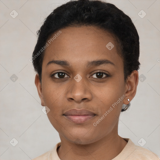 Joyful latino young-adult female with short  black hair and brown eyes