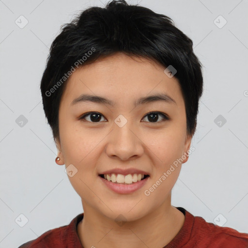 Joyful asian young-adult female with short  black hair and brown eyes