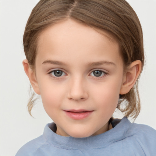 Joyful white child female with medium  brown hair and grey eyes