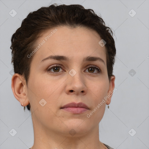 Neutral white young-adult female with short  brown hair and brown eyes