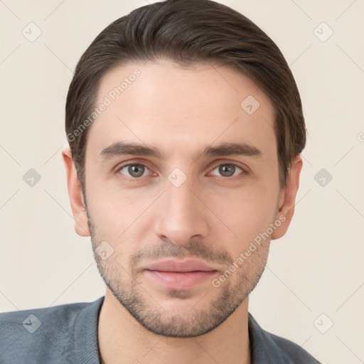 Neutral white young-adult male with short  brown hair and brown eyes