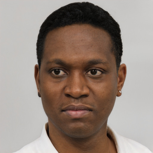 Neutral black young-adult male with short  black hair and brown eyes