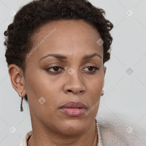 Neutral black adult female with short  brown hair and brown eyes