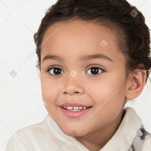 Joyful white child female with medium  brown hair and brown eyes