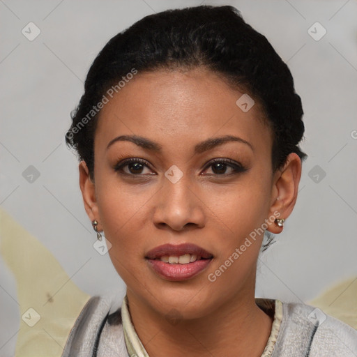 Joyful latino young-adult female with short  black hair and brown eyes