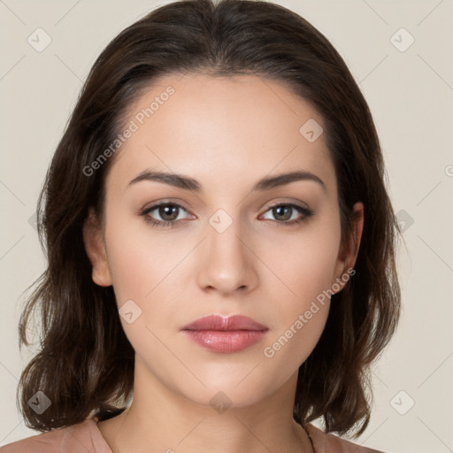 Neutral white young-adult female with medium  brown hair and brown eyes