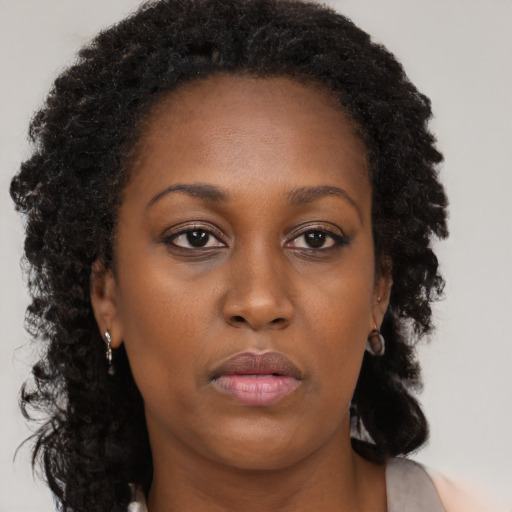 Neutral black young-adult female with long  brown hair and brown eyes