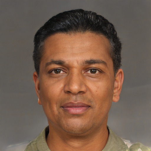 Joyful black adult male with short  black hair and brown eyes