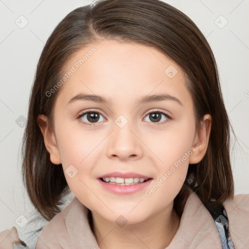 Joyful white child female with medium  brown hair and brown eyes