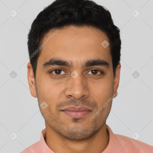 Neutral latino young-adult male with short  black hair and brown eyes