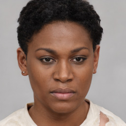 Neutral black young-adult female with short  brown hair and brown eyes