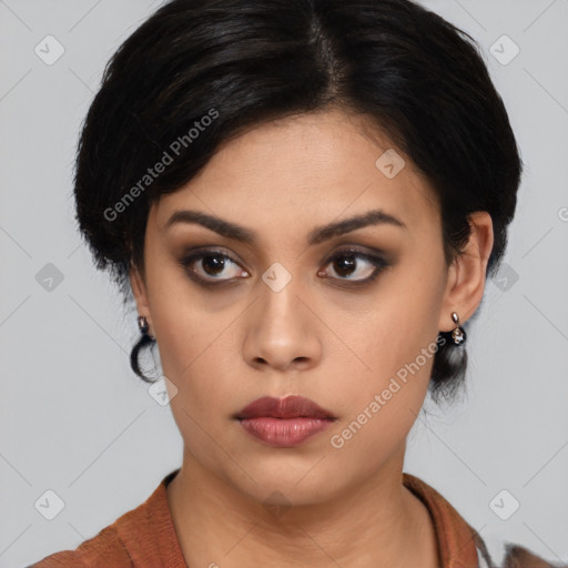 Neutral asian young-adult female with medium  black hair and brown eyes