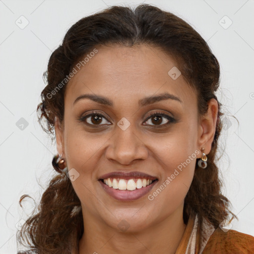 Joyful white young-adult female with long  brown hair and brown eyes