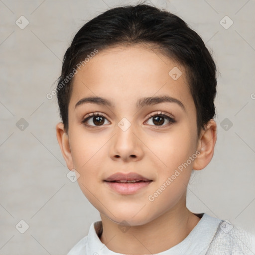 Joyful white child female with medium  brown hair and brown eyes