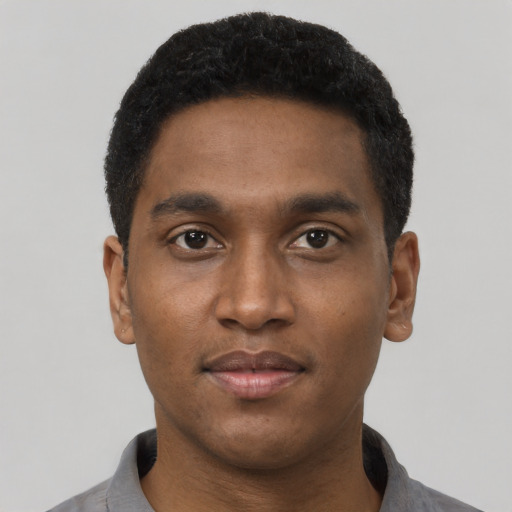 Neutral black young-adult male with short  black hair and brown eyes