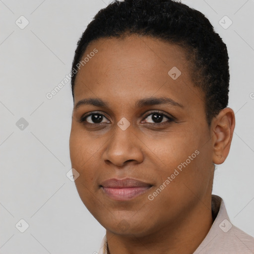 Joyful black young-adult female with short  brown hair and brown eyes