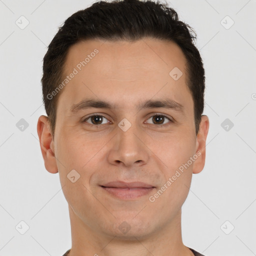 Joyful white young-adult male with short  brown hair and brown eyes