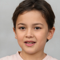 Joyful white child female with short  brown hair and brown eyes