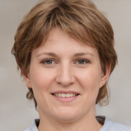 Joyful white adult female with medium  brown hair and grey eyes