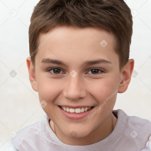 Joyful white child male with short  brown hair and brown eyes